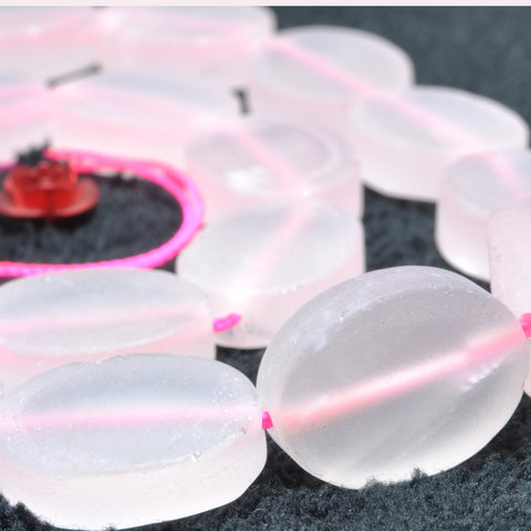YesBeads Natural Rose Quartz matte flat oval beads pink gemstone wholesale jewelry making 15"