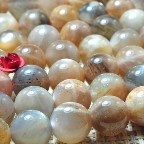 YesBeads Natural Gray Sunstone smooth round loose beads gemstone wholesale jewelry making 15"