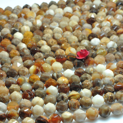 Natural Petrified Wood Jasper diamond faceted round loose beads brown stone wholesale jewelry making 15"