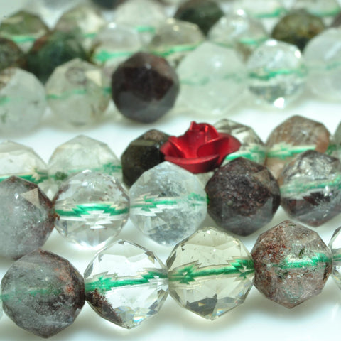 YesBeads Natural Phantom Quartz diamond faceted round loose beads green crystal gemstone wholesale jewelry making 15"