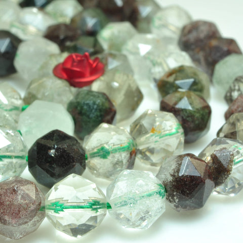 YesBeads Natural Phantom Quartz diamond faceted round loose beads green crystal gemstone wholesale jewelry making 15"