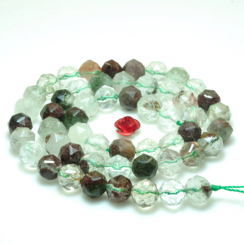YesBeads Natural Phantom Quartz diamond faceted round loose beads green crystal gemstone wholesale jewelry making 15"