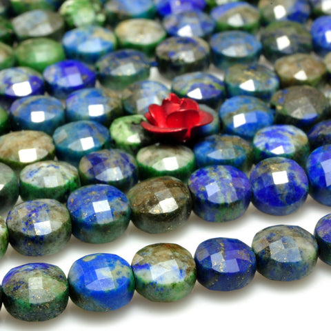 YesBeads Natural Azurite gemstone faceted coin loose beads blue green wholesale jewelry making 6mm 15"