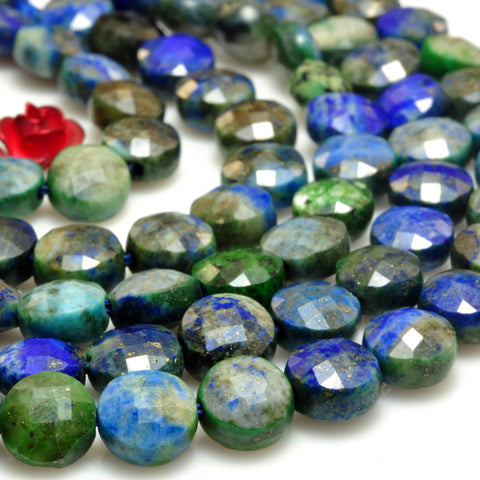 YesBeads Natural Azurite gemstone faceted coin loose beads blue green wholesale jewelry making 6mm 15"