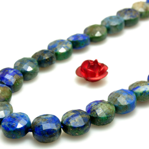 YesBeads Natural Azurite gemstone faceted coin loose beads blue green wholesale jewelry making 6mm 15"