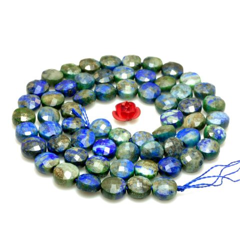 YesBeads Natural Azurite gemstone faceted coin loose beads blue green wholesale jewelry making 6mm 15"
