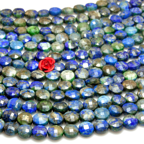 YesBeads Natural Azurite gemstone faceted coin loose beads blue green wholesale jewelry making 6mm 15"