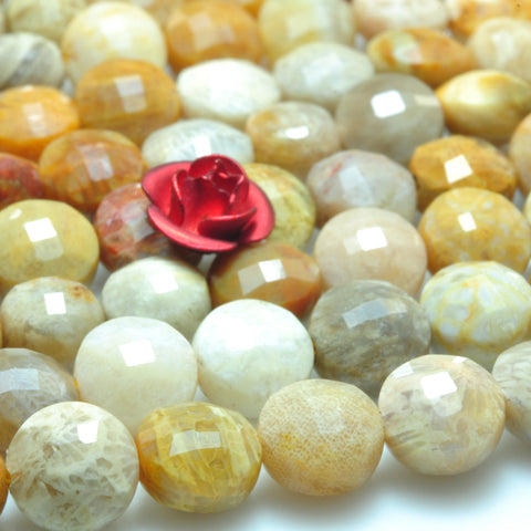 YesBeads natural Fossil Coral Jasper micro faceted coin loose beads wholesale gemstone jewelry making 6mm 15"