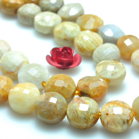 YesBeads natural Fossil Coral Jasper micro faceted coin loose beads wholesale gemstone jewelry making 6mm 15"