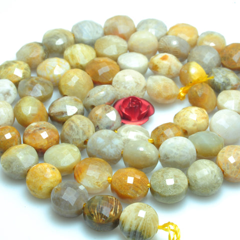 YesBeads natural Fossil Coral Jasper micro faceted coin loose beads wholesale gemstone jewelry making 6mm 15"