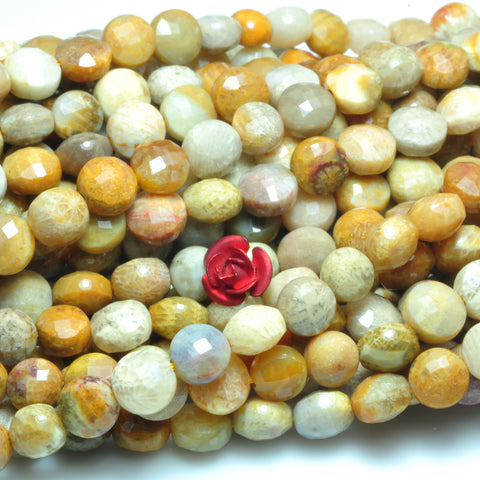 YesBeads natural Fossil Coral Jasper micro faceted coin loose beads wholesale gemstone jewelry making 6mm 15"