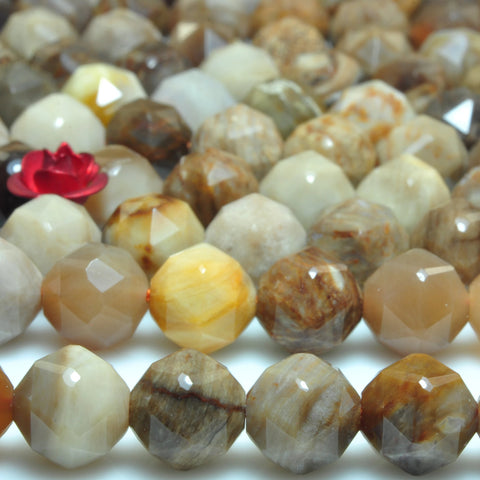 Natural Petrified Wood Jasper diamond faceted round loose beads brown stone wholesale jewelry making 15"