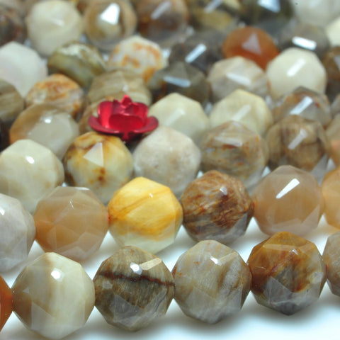 Natural Petrified Wood Jasper diamond faceted round loose beads brown stone wholesale jewelry making 15"