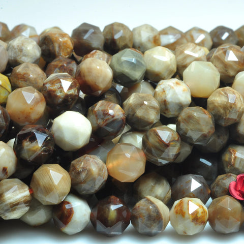 Natural Petrified Wood Jasper diamond faceted round loose beads brown stone wholesale jewelry making 15"