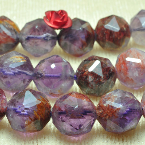Natural super 7 seven crystal cacoxenite amethyst gemstone diamond faceted round loose beads wholesale jewelry