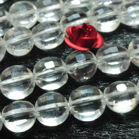 Natural white Rock Crystal micro faceted coin loose beads clear quartz wholesale gemstone jewelry making 6mm 15"