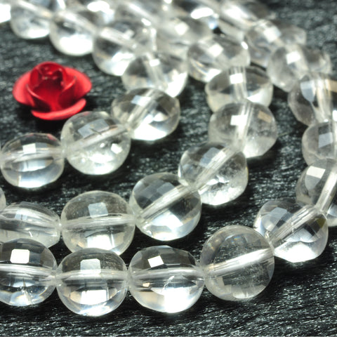 Natural white Rock Crystal micro faceted coin loose beads clear quartz wholesale gemstone jewelry making 6mm 15"