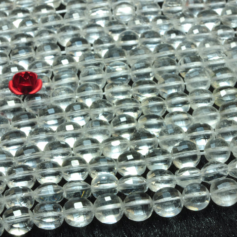 Natural white Rock Crystal micro faceted coin loose beads clear quartz wholesale gemstone jewelry making 6mm 15"
