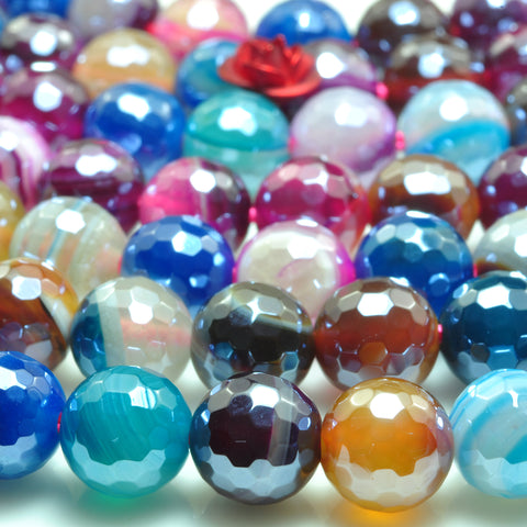 YesBeads Titanium banded agate faceted round loose beads rainbow mix gemstone wholesale jewelry 6mm-12mm 15"
