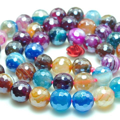 YesBeads Titanium banded agate faceted round loose beads rainbow mix gemstone wholesale jewelry 6mm-12mm 15"