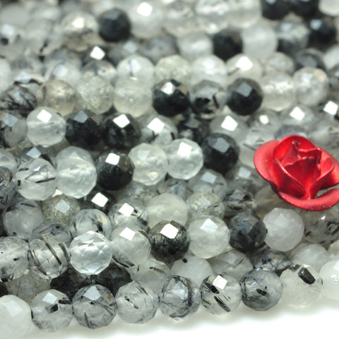 YesBeads natural black rutilated quartz faceted round loose beads wholesale gemstone 3mm 15"