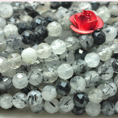 YesBeads natural black rutilated quartz faceted round loose beads wholesale gemstone 3mm 15"