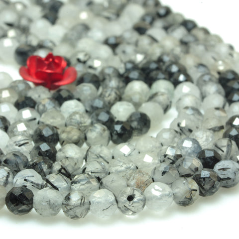 YesBeads natural black rutilated quartz faceted round loose beads wholesale gemstone 3mm 15"
