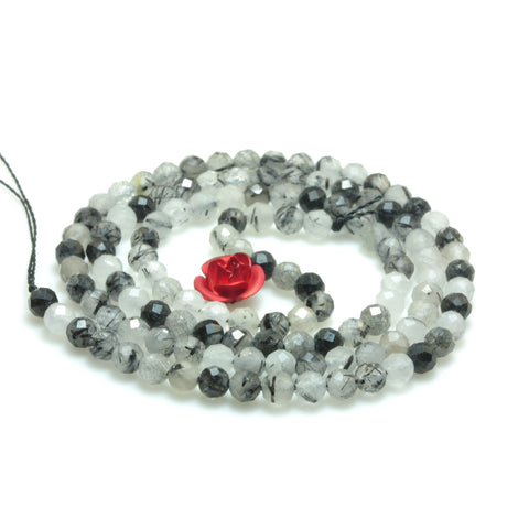 YesBeads natural black rutilated quartz faceted round loose beads wholesale gemstone 3mm 15"