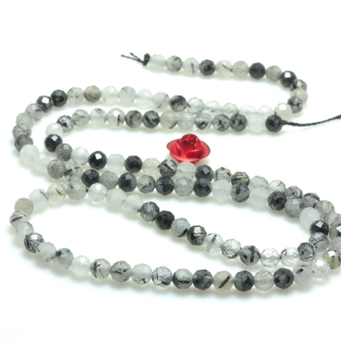 YesBeads natural black rutilated quartz faceted round loose beads wholesale gemstone 3mm 15"
