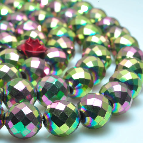 YesBeads Hematite titanium pink green hematite stone faceted round beads gemstone wholesale jewelry making 15 inches (64-faces)