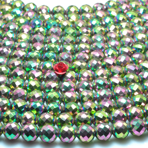 YesBeads Hematite titanium pink green hematite stone faceted round beads gemstone wholesale jewelry making 15 inches (64-faces)