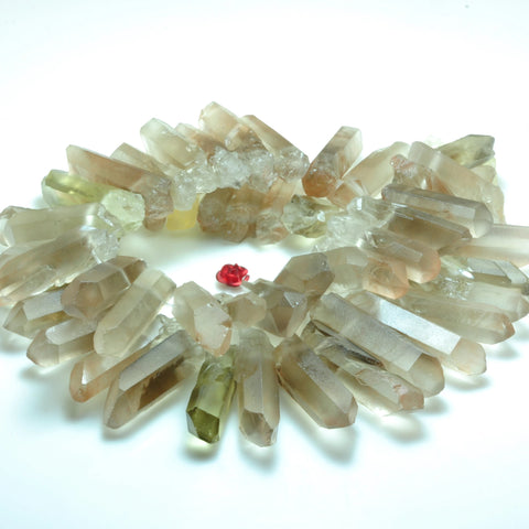 YesBeads 15 inch Quartz crystal points titanium coated gray crystal top drilled rough matte spike tower pendant stick beads