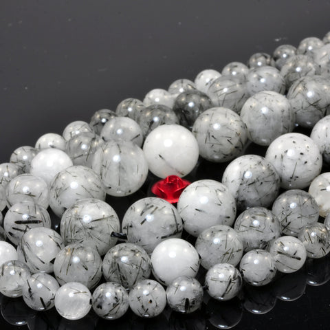 YesBeads Natural Black Rutilated Quartz smooth round loose beads wholesale jewelry 4mm-10mm 15"