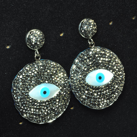 YesBeads Earrings Evil Eye coin shape Mother of pearl rhinestone crystal CZ pave bead stud dangle earrings jewelry