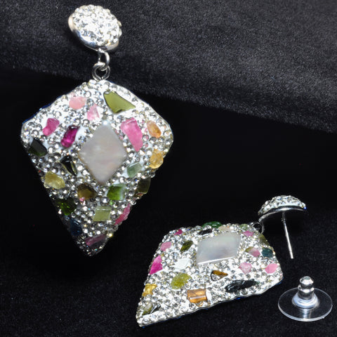 YesBeads Earrings Stone chips and pearls pave rhinestone crystal CZ bead stud dangle earrings cone shape jewelry