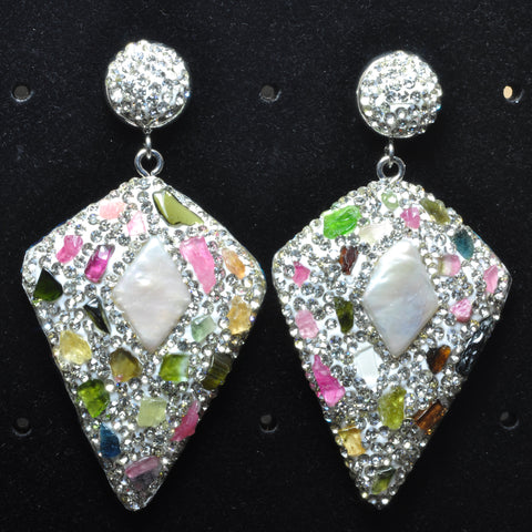 YesBeads Earrings Stone chips and pearls pave rhinestone crystal CZ bead stud dangle earrings cone shape jewelry