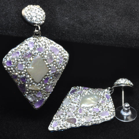 YesBeads Earrings Stone chips and pearls pave rhinestone crystal CZ bead stud dangle earrings cone shape jewelry