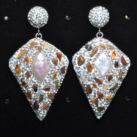 YesBeads Earrings Stone chips and pearls pave rhinestone crystal CZ bead stud dangle earrings cone shape jewelry