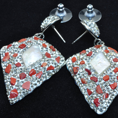 YesBeads Earrings Stone chips and pearls pave rhinestone crystal CZ bead stud dangle earrings cone shape jewelry