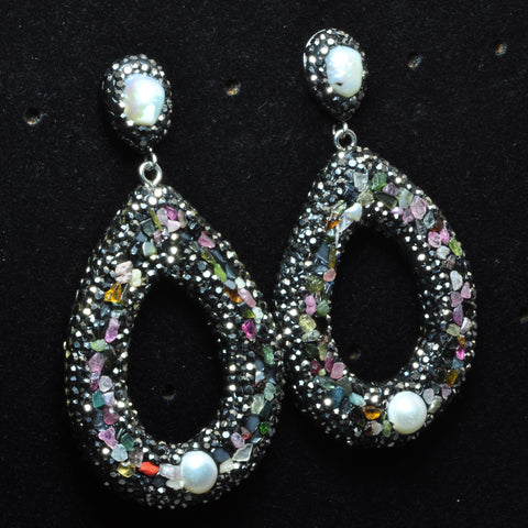 YesBeads Earrings Tourmaline chips pearl bead rhinestone crystal pave stud dangle earrings drop shape whoelesale jewelry
