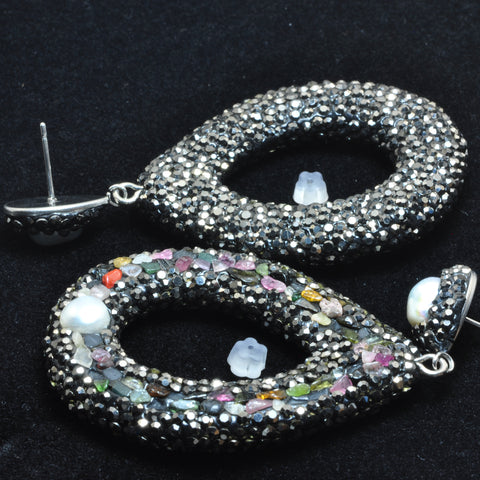 YesBeads Earrings Tourmaline chips pearl bead rhinestone crystal pave stud dangle earrings drop shape whoelesale jewelry