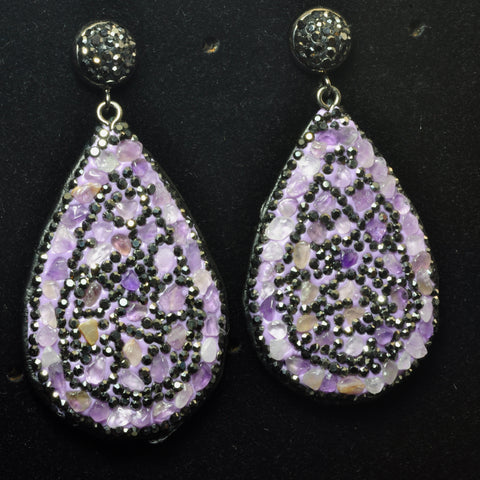 YesBeads Earrings Amethyst chips beads paved CZ rhinestone crystal stud dangle earrings drop shape whoelesale jewelry