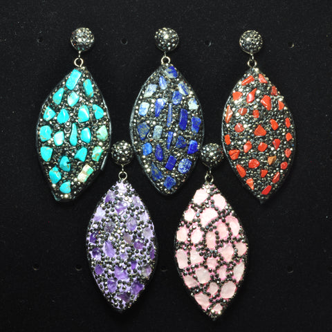 YesBeads Earrings stone chips beads paved CZ rhinestone crystal stud dangle earrings oval shape whoelesale jewelry