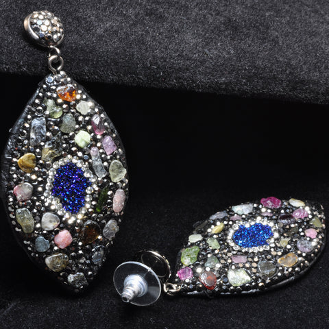 YesBeads Earrings Tourmaline chips beads paved CZ rhinestone crystal stud dangle earrings oval shape whoelesale jewelry