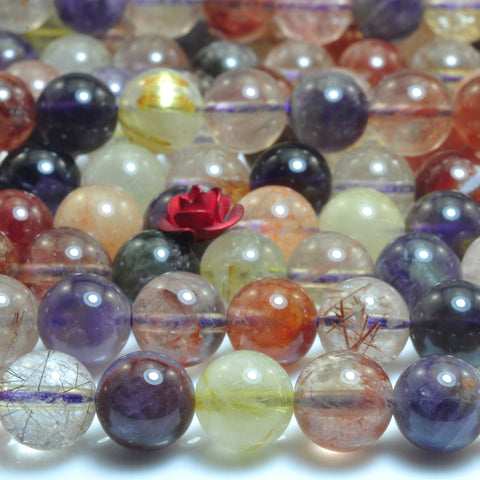 YesBeads Natural Rainbow Rutilated Quartz mix gemstone smooth round beads 15"