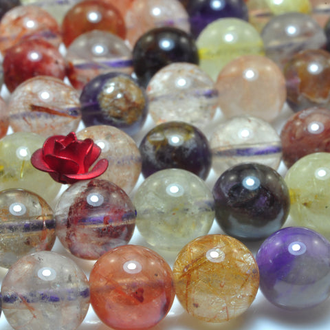 YesBeads Natural Rainbow Rutilated Quartz mix gemstone smooth round beads 15"