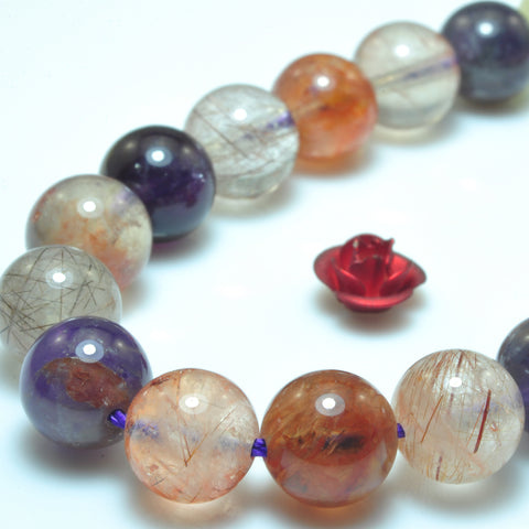 YesBeads Natural Rainbow Rutilated Quartz mix gemstone smooth round beads 15"