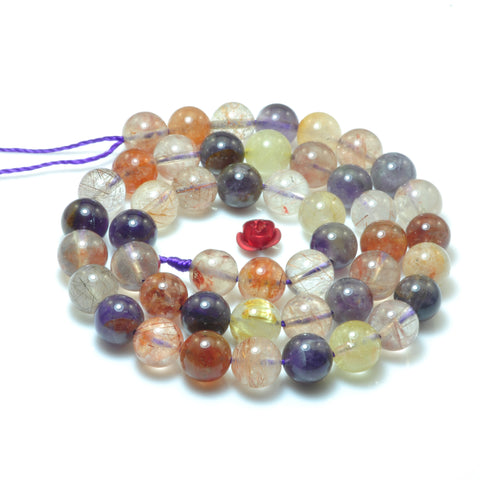 YesBeads Natural Rainbow Rutilated Quartz mix gemstone smooth round beads 15"