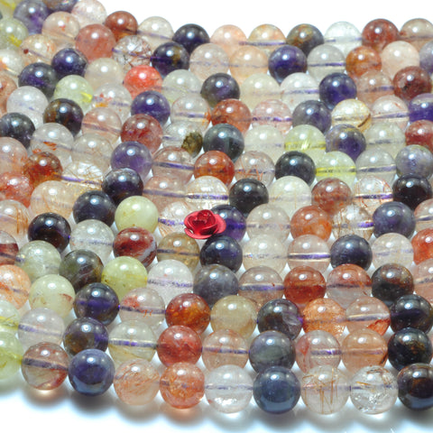 YesBeads Natural Rainbow Rutilated Quartz mix gemstone smooth round beads 15"