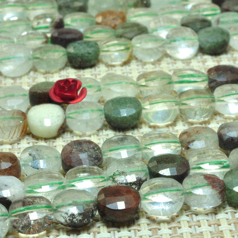 YesBeads natural Phantom Quartz green gemstone faceted coin loose beads 8mm 15.5"